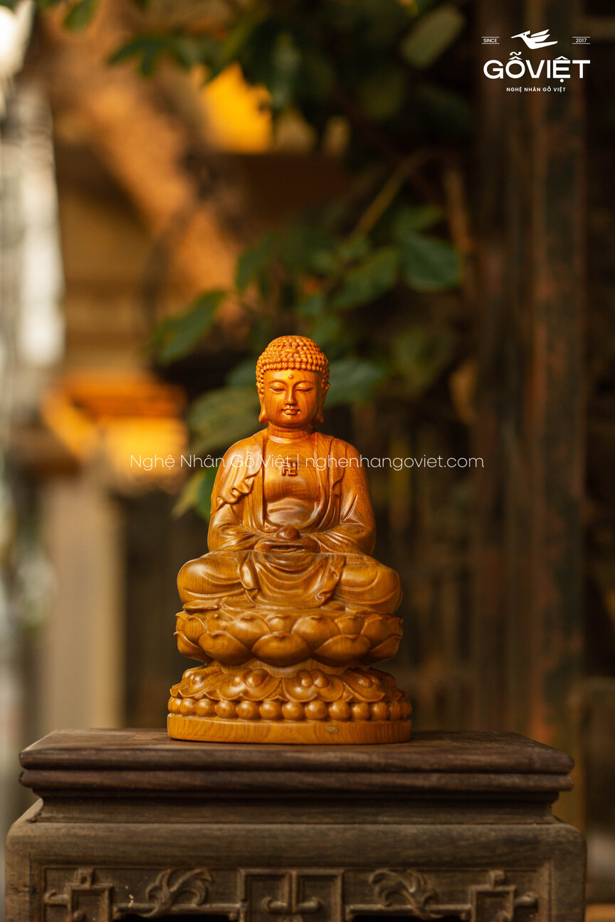 Tượng Phật A Di Đà ngồi đài sen gỗ Bách Xanh cao 15cm